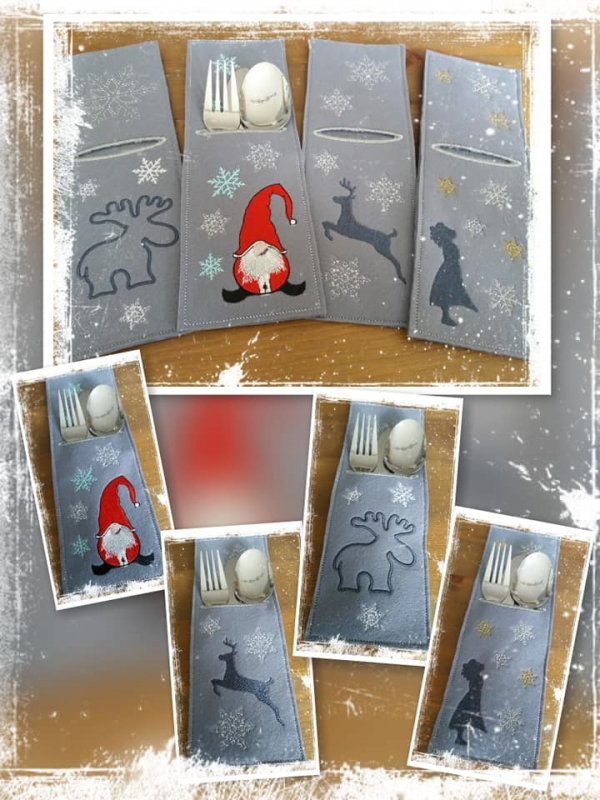 Stickdatei Set weihnachtliche ITH Bestecktaschen, Fotosammlung zeigt insgesamt 8 längliche Taschen in grau/grau-blau, teils mit Besteck befüllt. Motive: Elchumriss; Gnom; Mädchen; springender Hirsch. Alle zusätzlich mit Sternenbestickung. Stickdatei Set weihnachtliche ITH Bestecktaschen, Fotosammlung zeigt insgesamt 8 längliche Taschen in grau/grau-blau, teils mit Besteck befüllt. Motive: Elchumriss; Gnom; Mädchen; springender Hirsch. Alle zusätzlich mit Sternenbestickung.