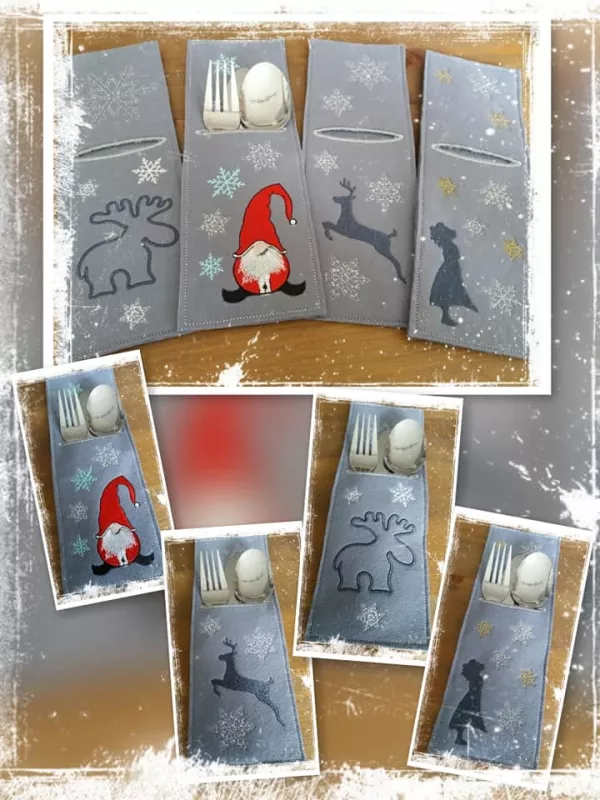 Stickdatei Set weihnachtliche ITH Bestecktaschen, Fotosammlung zeigt insgesamt 8 längliche Taschen in grau/grau-blau, teils mit Besteck befüllt. Motive: Elchumriss; Gnom; Mädchen; springender Hirsch. Alle zusätzlich mit Sternenbestickung.
