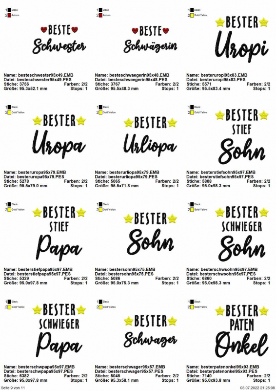 Stickdatei Set ITH Schokohüllen "die besten" inkl. Schriftzüge Stickdatei Set ITH Schokohüllen "die besten" inkl. Schriftzüge