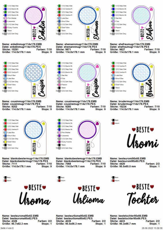 Stickdatei Set ITH Mug Rugs "die besten" inkl. Schriftzüge Stickdatei Set ITH Mug Rugs "die besten" inkl. Schriftzüge