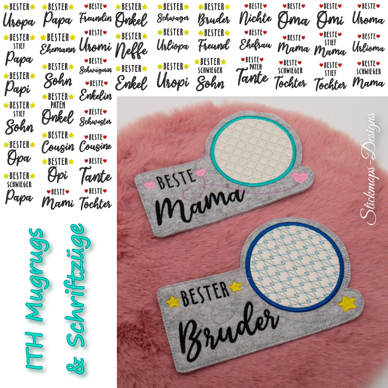 Stickdatei Set ITH Mug Rugs "die besten" inkl. Schriftzüge