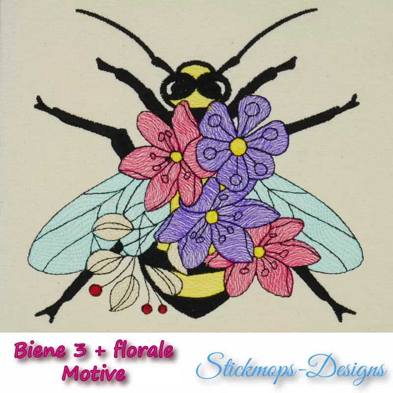 Stickdatei Biene 3 (div. Größen) Vollstick + Florale Motive