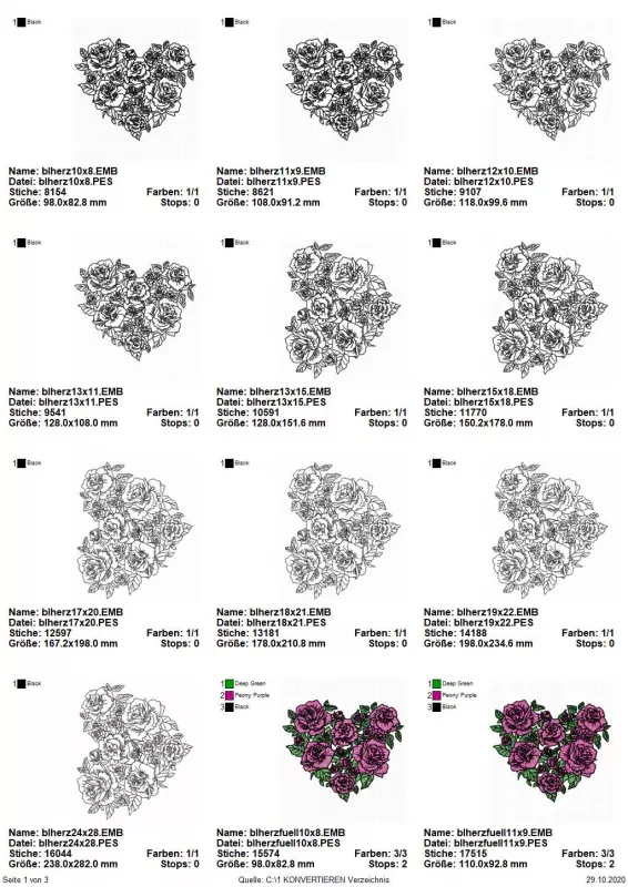 Stickdatei Blumenherz Lineart mit und ohne Vollstickflächen + einzelne Rose extra Stickdatei Blumenherz Lineart mit und ohne Vollstickflächen + einzelne Rose extra