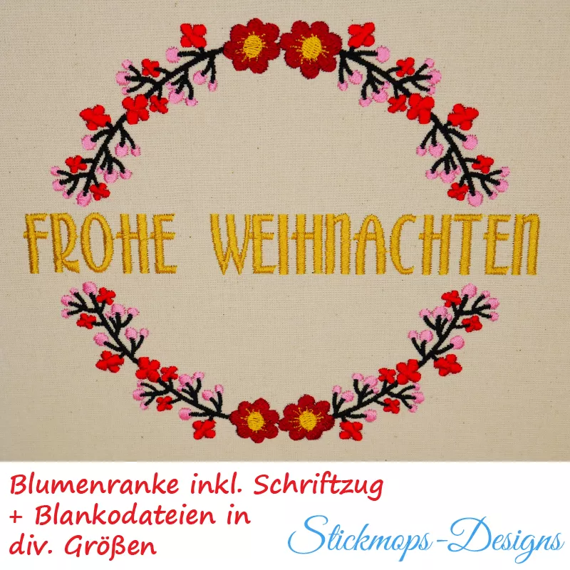 Stickdatei Set Blumenranke Blankodateien + mit Schriftzug Frohe Weihnachten (div. Größen), Foto zeigt auf hellen Untergrund gesticktes Motiv. 2 Blumenranken in rot-rosa-schwarz mit je 2 gelb-roten Blüten in der Mitte jeder Ranke bilden unterbrochenen Krei