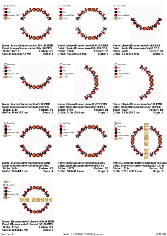 Stickdatei Set Blumenranke Blankodateien + mit Schriftzug Frohe Weihnachten (div. Größen), Übersicht mit 10 Dateien. 6 mal kompletter Blütenkreis mit Aussparungen für Schrift, davon 2 mal inklusive Schriftzug "Frohe Weihnachten". 4 mal halber Kreis aus 1 