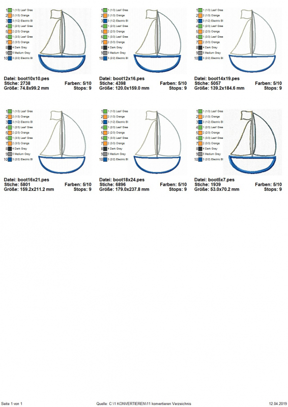 Stickdatei Set Boot-Applikation in 6 Größen, Übersicht mit 6 Dateien. Alle mit Segelboot.