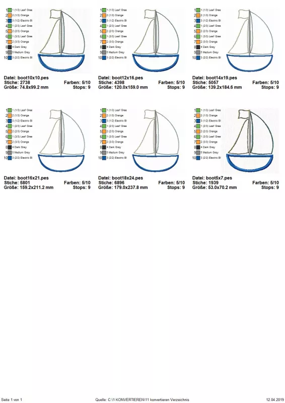 Stickdatei Set Boot-Applikation in 6 Größen, Übersicht mit 6 Dateien. Alle mit Segelboot.