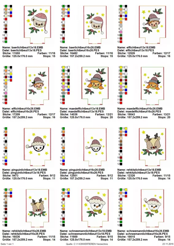 Stickdatei Set ITH Lichtbeutel Christmas Faces, Übersicht mit 12 Dateien: 2 mal Teddybärenkopf; 2 mal Jungenkopf; 2 mal Mädchenkopf; 4 mal diverser Schneemannkopf; 2 mal Rehkitzkopf.