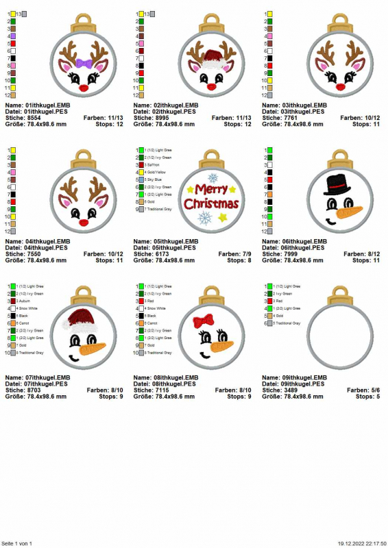 Stickdatei Set ITH Anhänger Christbaumkugeln Stickdatei Set ITH Anhänger Christbaumkugeln