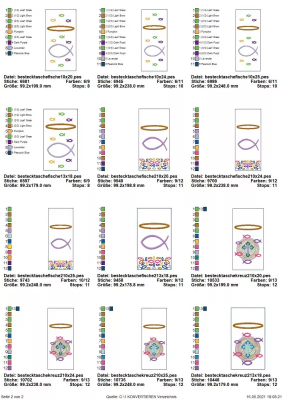 Stickdatei Set 5 ITH Bestecktaschen mit christlichen Symbolen, Übersicht mit 12 Taschen. 8 mal Fischsymbol, 2 Varianten. 4 mal Kreuz mit Fischen.