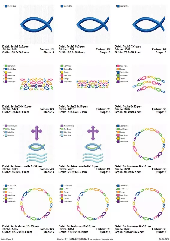 Stickdatei Set christliche Symbole, Übersicht mit zwölf Dateien. Dreimal für Fischsymbol, viermal für runden Fischsymbolkranz, zweimal für Trilogie Fisch/Kreuz/Wellen, einmal für Dreierbogen aus Symbolfischen, zweimal für je variierende Balkendarstellung 