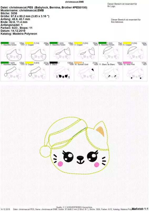 Freebie Stickdatei Christmas Cat Doodle Applikation