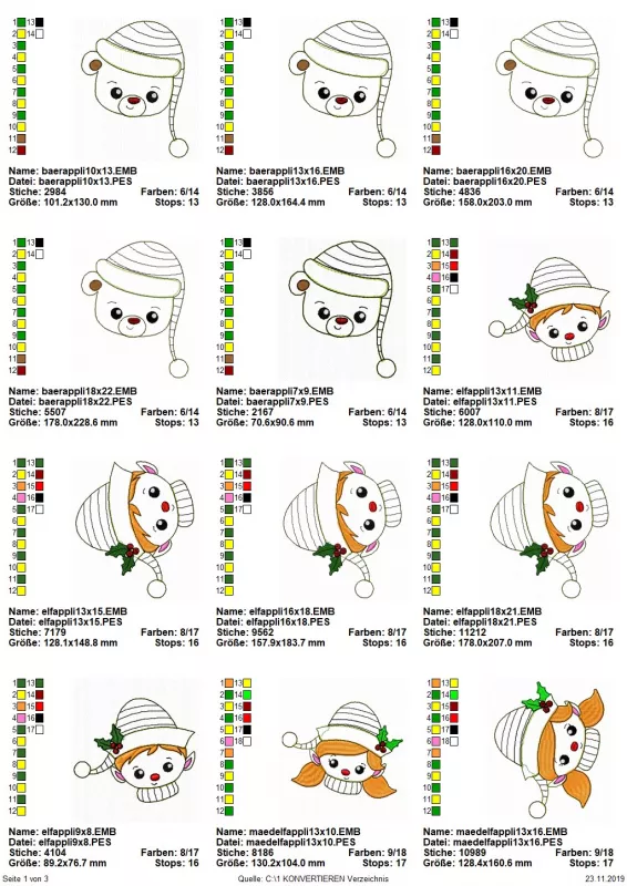 Stickdatei Set Christmas Faces Doodle-Applikationen, Übersicht mit 12 Dateien. 5 mal Teddybärenkopf mit Mütze; 5 mal Jungenkopf mit Mütze; 2 mal Mädchenkopf mit Mütze.