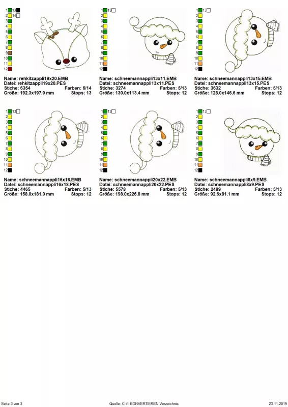 Stickdatei Set Christmas Faces Doodle-Applikationen, Übersicht zeigt 6 Dateien. 1 mal Rehkitzkopf; 5 mal Schneemannkopf mit Mütze und Schal.