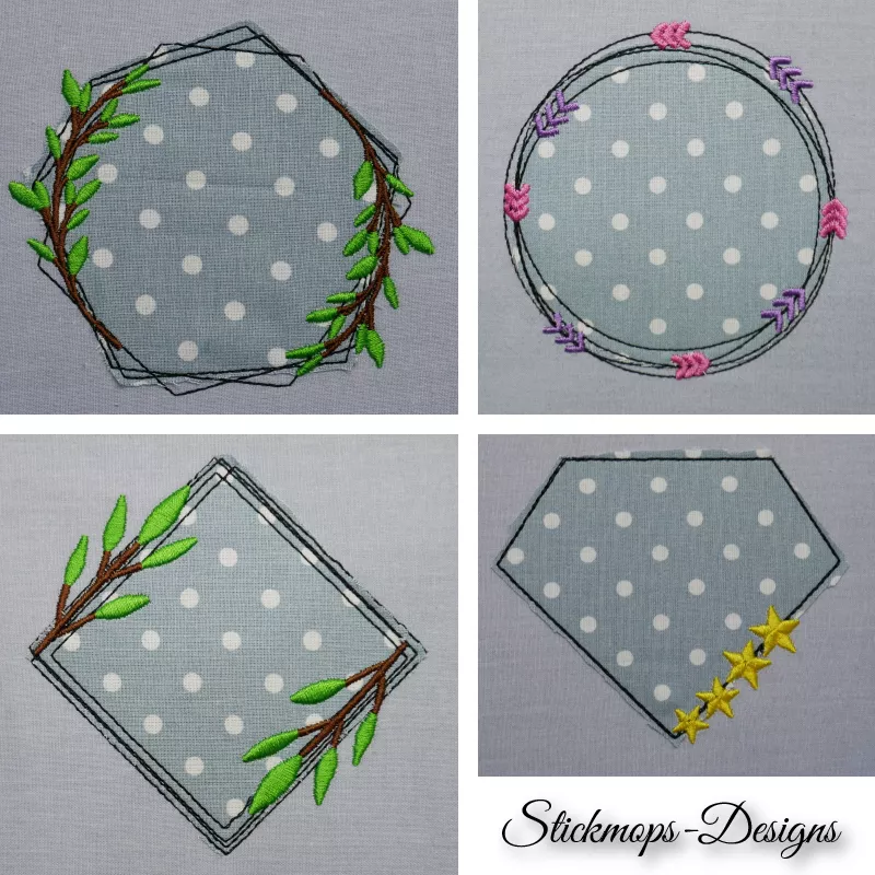 Stickdatei Set Floral Frames Doodle Applikationen, 4 Fotos mit je 1 unterschiedlichen Ausfertigung, Applikation je grauer Stoff, weißgepunktet, auf grauem Untergrund. Unterschiedliche Abstickungen: Runder Kranz mit 2 Blattranken; runder Kranz mit Pfeiltri