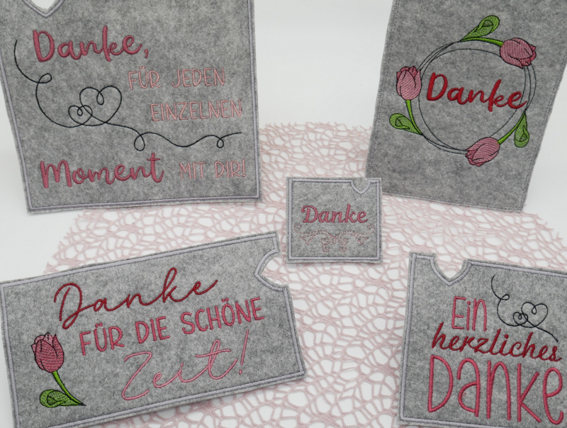 Stickdatei Set Danke mit ITH Schokohüllen, Anhängern, Grußkarten & Einzelmotiven