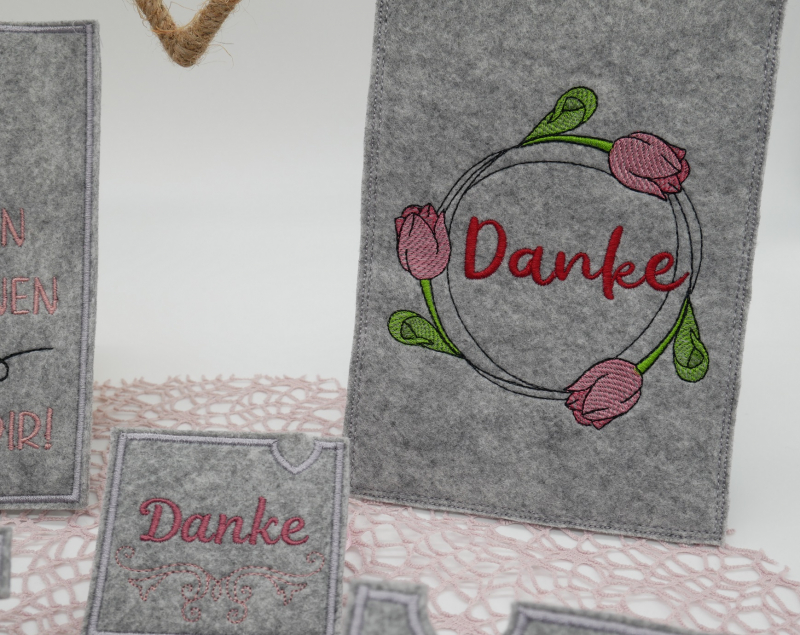 Stickdatei Set Danke mit ITH Schokohüllen, Anhängern, Grußkarten & Einzelmotiven