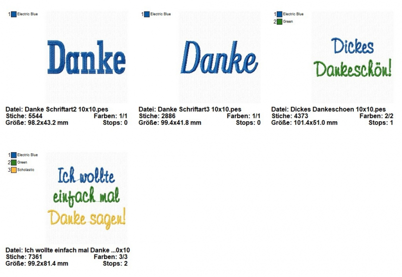 Stickdatei Set Danke Sprüche, Übersicht mit 4 Dateien. Schriftzüge: "Danke", "Dickes Dankeschön", "Ich wollte einfach mal Danke sagen".