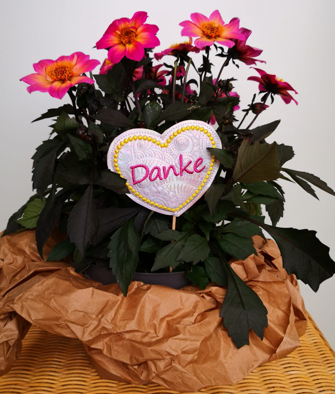 Stickdatei Set Danke & Genesung-Stabdesigns, Foto zeigt Designstab in Blumentopf mit Blütenpflanze. Herzförmige Ausfertigung mit gelbem Tupfenkranz, zartes rosè-helles Stickmuster innen. Schriftzug "Danke" in pink.