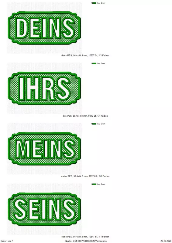 Freebie Stickdatei Set Handtuchmotive, Zählpixel VG Wort. Vier Abbildungen von Schriftzügen in je einem länglichen Rahmen mit schnörkeligen Eckeinbuchtungen (deins/meins/ihrs/seins).