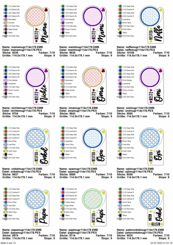 Stickdatei Set "die Besten" mit ITH Mug Rugs, Schokohüllen & Schriftzügen, Übersicht mit 12 Dateien.
Alle für Tassenteppiche mit darüber hinausgehendem kreisrundem Abstellplatz. Diverse Farben/Ornamente diverse Schriftzüge ("Beste Mama/Mami"/"Beste/r Nic