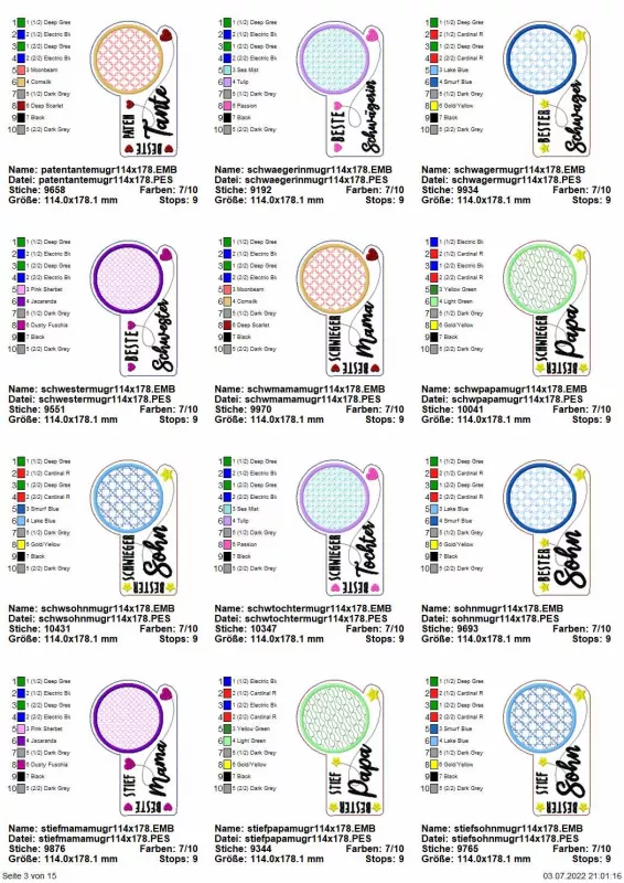 Stickdatei Set "die Besten" mit ITH Mug Rugs, Schokohüllen & Schriftzügen, Übersicht mit 12 Dateien. Alle für Tassenteppiche mit darüber hinausgehendem kreisrundem Abstellplatz. Diverse Farben/Ornamente diverse Schriftzüge ("Beste Patentante", "Beste/r Sc
