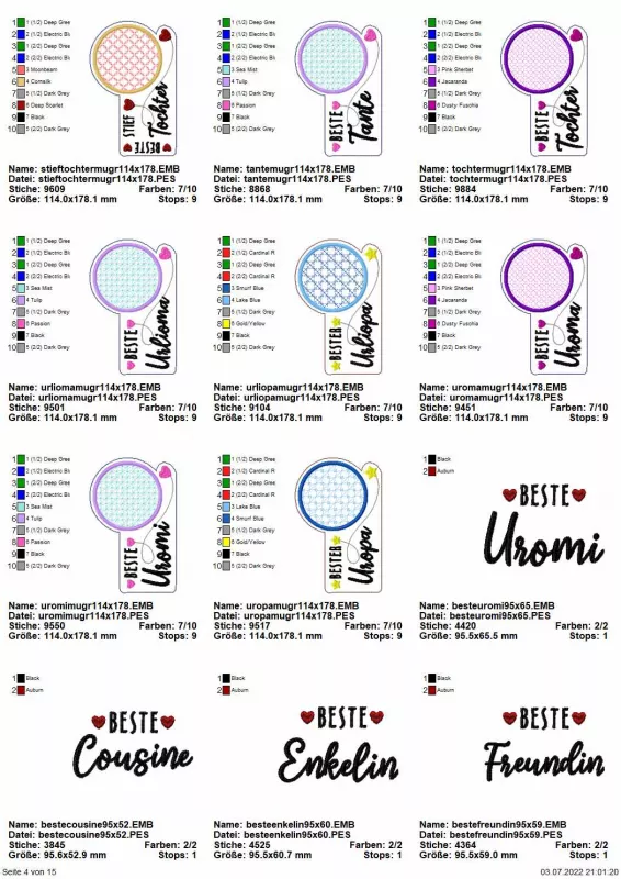 Stickdatei Set "die Besten" mit ITH Mug Rugs, Schokohüllen & Schriftzügen, Übersicht mit 12 Dateien. 8 mal für Tassenteppiche mit darüber hinausgehendem kreisrundem Abstellplatz. diverse Farben/Ornamente diverse Schriftzüge ("Beste Stieftochter/Tochter", 
