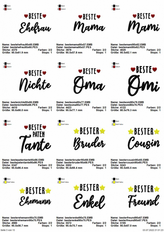 Stickdatei Set "die Besten" mit ITH Mug Rugs, Schokohüllen & Schriftzügen, Übersicht mit 12 Dateien für Schriftzug. 7 mal mit Herzchen, Schriftzüge "Beste Ehefrau/Mama/Mami/Nichte/Oma/Omi/Patentante". 5 mal mit Sternchen, Schriftzüge "Bester Bruder/Cousin Stickdatei Set "die Besten" mit ITH Mug Rugs, Schokohüllen & Schriftzügen, Übersicht mit 12 Dateien für Schriftzug. 7 mal mit Herzchen, Schriftzüge "Beste Ehefrau/Mama/Mami/Nichte/Oma/Omi/Patentante". 5 mal mit Sternchen, Schriftzüge "Bester Bruder/Cousin