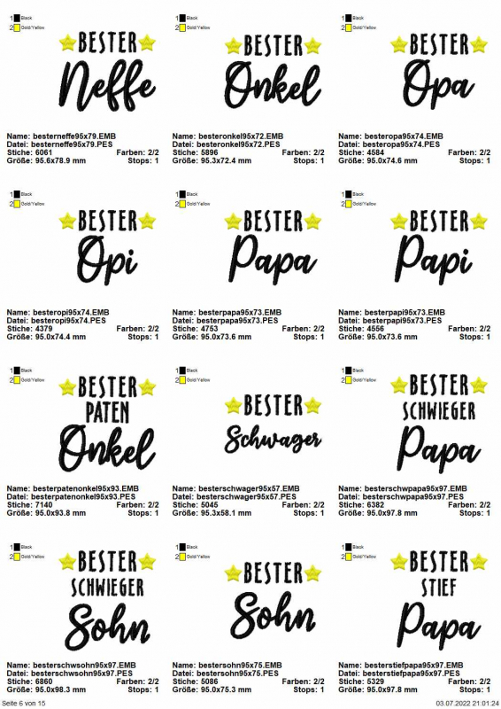 Stickdatei Set "die Besten" mit ITH Mug Rugs, Schokohüllen & Schriftzügen, Übersicht mit 12 Dateien für Schriftzug. Alle mit Sternchen, Schriftzüge "Bester Neffe/Onkel/Opa/Opi/Papa/Papi/Patenonkel/Schwager/Schwiegerpapa/Schwiegersohn/Sohn/Stiefpapa". Stickdatei Set "die Besten" mit ITH Mug Rugs, Schokohüllen & Schriftzügen, Übersicht mit 12 Dateien für Schriftzug. Alle mit Sternchen, Schriftzüge "Bester Neffe/Onkel/Opa/Opi/Papa/Papi/Patenonkel/Schwager/Schwiegerpapa/Schwiegersohn/Sohn/Stiefpapa".