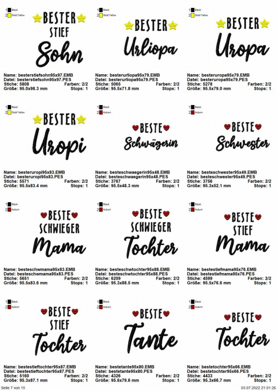 Stickdatei Set "die Besten" mit ITH Mug Rugs, Schokohüllen & Schriftzügen, Übersicht mit 12 Dateien für Schriftzug. 4 mal mit Sternchen, Schriftzug "Bester Stiefsohn/Urliopa/Uropa/Uropi"). 8 mal mit Herzchen, Schriftzug "Beste Schwägerin/Schwester/Stiefma