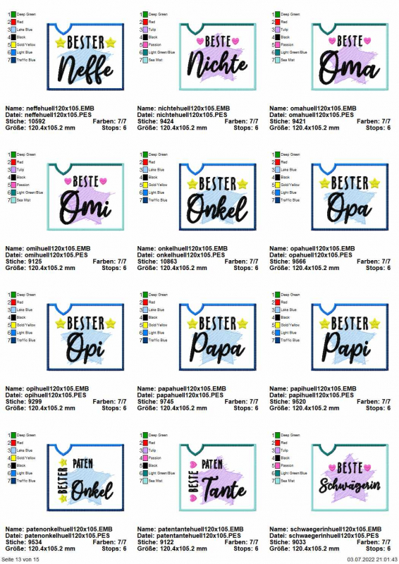 Stickdatei Set "die Besten" mit ITH Mug Rugs, Schokohüllen & Schriftzügen, Übersicht mit 12 Dateien für Hüllen mit Motiv und Schriftzug. "Bester Neffe/Onkel/Opa/Opi/Papa/Papi/Patenonkel"; "Beste Nichte/Oma/Omi/Patentante/Schwägerin". Stickdatei Set "die Besten" mit ITH Mug Rugs, Schokohüllen & Schriftzügen, Übersicht mit 12 Dateien für Hüllen mit Motiv und Schriftzug. "Bester Neffe/Onkel/Opa/Opi/Papa/Papi/Patenonkel"; "Beste Nichte/Oma/Omi/Patentante/Schwägerin".