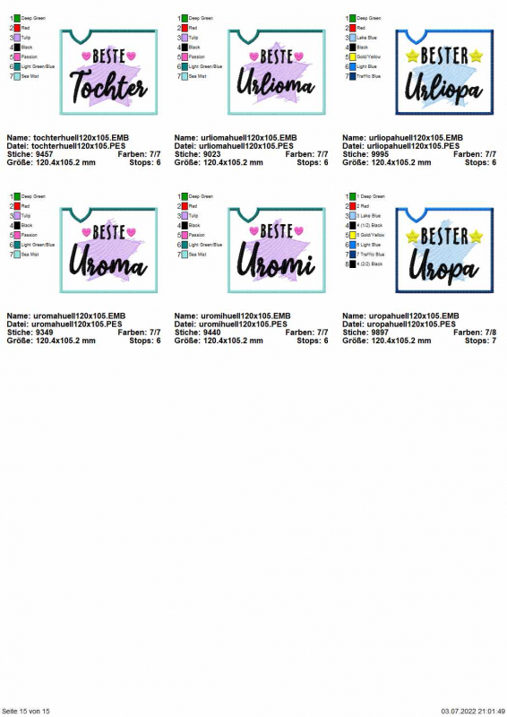 Stickdatei Set "die Besten" mit ITH Mug Rugs, Schokohüllen & Schriftzügen, Übersicht mit 6 Dateien für Hüllen mit Motiv und Schriftzug. "Bester Urliopa/Uropa"; "Beste Tochter/Urlioma/Uroma/Uromi". Stickdatei Set "die Besten" mit ITH Mug Rugs, Schokohüllen & Schriftzügen, Übersicht mit 6 Dateien für Hüllen mit Motiv und Schriftzug. "Bester Urliopa/Uropa"; "Beste Tochter/Urlioma/Uroma/Uromi".