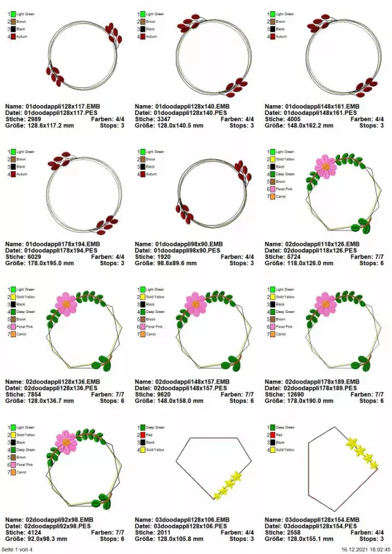 Stickdatei Set Floral Frames Doodle Applikationen, Übersicht über 12 Rahmen. 5 mal rund mit Fruchtzweigen; 5 mal rund-eckig mit Blüte/Blättern; 1 mal diamantförmig mit Sternen; 1 mal unregelmäßigs Fünfeck mit Sternen.