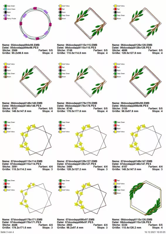 Stickdatei Set Floral Frames Doodle Applikationen, Übersicht zeigt 12 Designs. 1 mal rund mit Fruchtzweigen; 5 mal Quadrat mit Blattzweigen; 5 mal Achteck aus 2 verschobenen Quadraten mit Sternen; 1 mal Sechseck mit Blattzweigen.