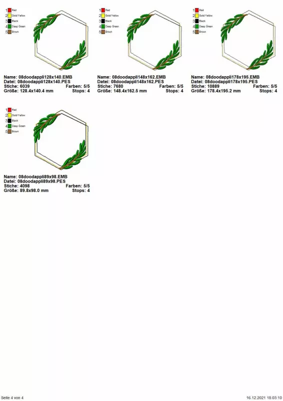 Stickdatei Set Floral Frames Doodle Applikationen. Übersicht zeigt 4 Designs. Alles Sechsecke mit je zwei grünen Blattzweigen.