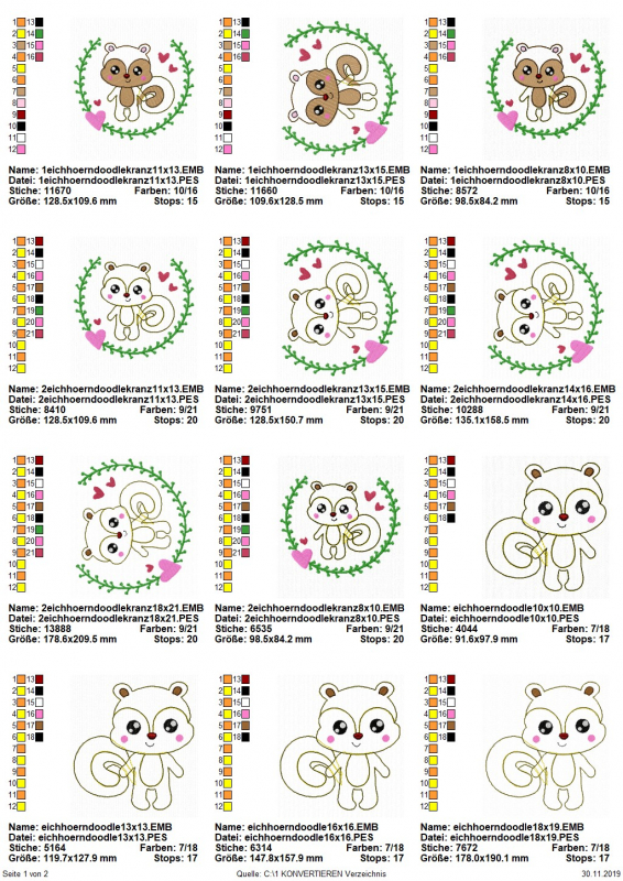 Stickdatei Set Eichhörnchen Doodle-Applikation plus floraler Kranz, Übersicht mit 12 Dateien. 4 mal Eichhörnchen einzeln, 8 mal umgeben von Blätterkranz.