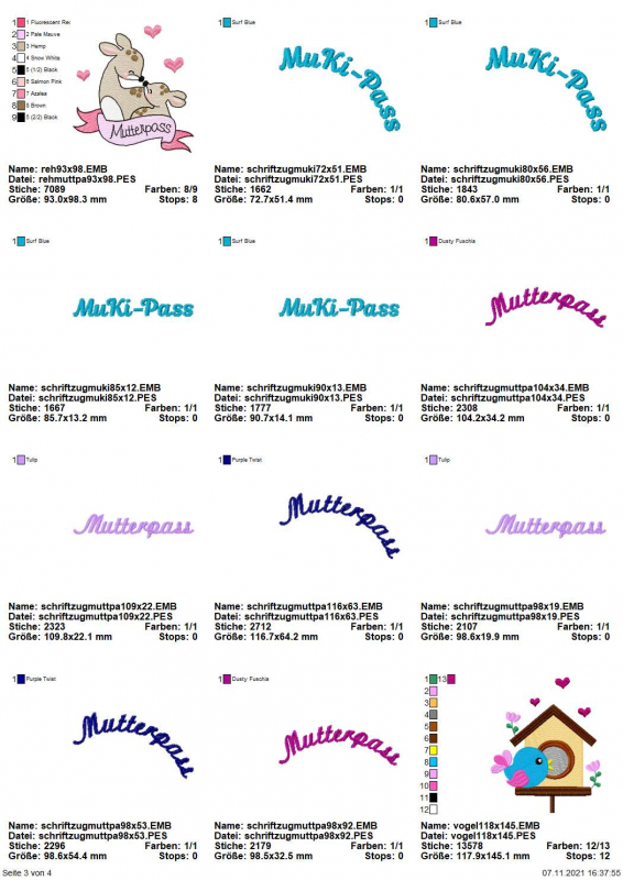Stickdatei Set Motive zum Thema Mutterpass, Übersicht über 12 Dateien. 2 Mal Motive: Großes Känguruh mit kleinem und Schriftzug "Mutterpass"; Vogel vor Vogelhaus. 10 unterschiedliche Schriftzüge: Jeweils 4 mal "MuKi-Pass", bogenförmig oder geradlinig; 6 m