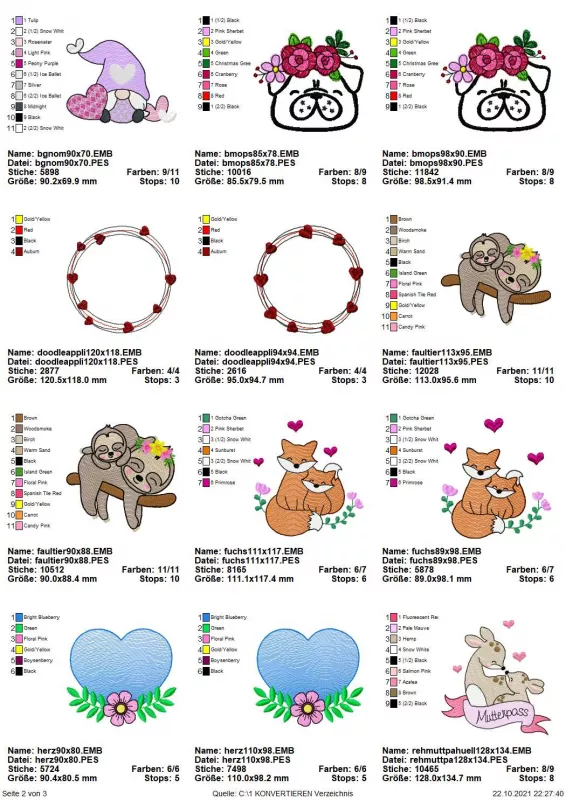 Stickdatei Set Motive zum Thema Mutterpass, Übersicht mit 12 unterschiedlichen Designs: 1 mal sitzender Gnom mit Herzen; 2 mal Mopskopf schwarz-weiß mit bunten Blüten; 2 mal Herzchenkreis; 2 mal Faultiere auf Ast hängend; 2 mal großer Fuchs mit kleinem un