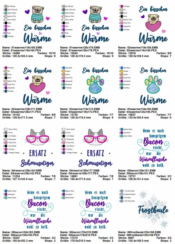 Stickdatei Set Motive für die Wärmflaschenhülle / das Wärmekissen (OHNE ITH), Übersicht über 12 Dateien, je Motiv mit Schriftzug. Motive: Mops, Mopskopf, Pfotenabdruck, Katzenkopf, Schneestern, Zierornamente. Schriftzüge: "Ein bisschen Wärme", "Ersatzschm