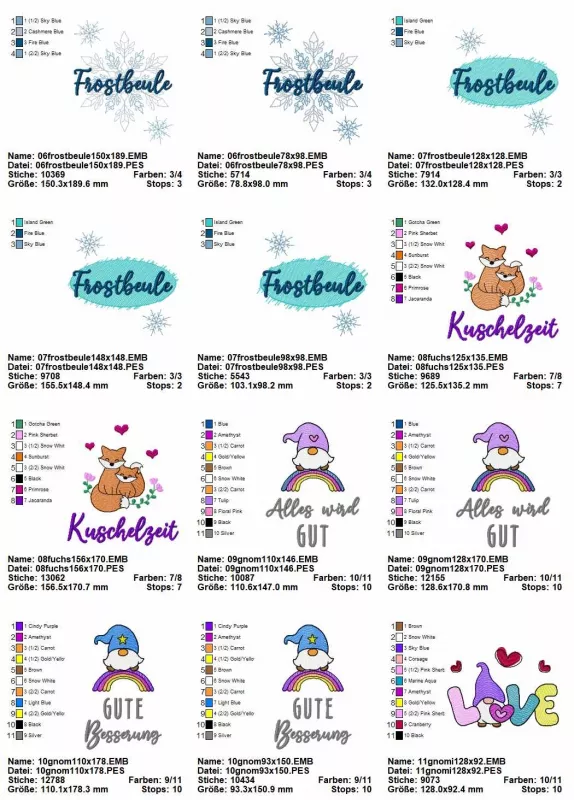 Stickdatei Set Motive für die Wärmflaschenhülle / das Wärmekissen (OHNE ITH), Übersicht über 12 Dateien, je Motiv mit Schriftzug. Motive: Schneestern/e, Füchse; Regenbogen-Gnom; "LOVE" mit Gnom-"O". Schriftzüge: "Frostbeule"; "Kuschelzeit"; "Alles wird gu