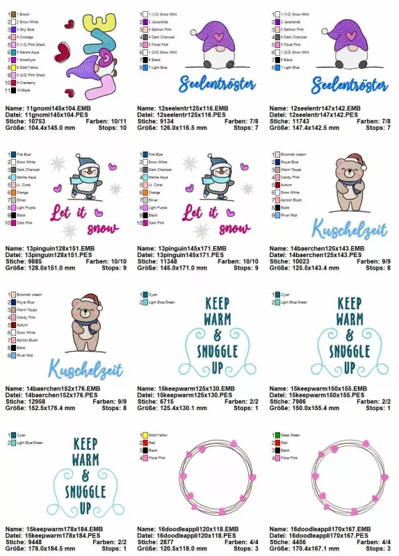 Stickdatei Set Motive für die Wärmflaschenhülle / das Wärmekissen (OHNE ITH), Übersicht über 12 Dateien. 2 mal Herzring; 3 mal Schnörkelornament mit Schriftzug "Keep warm & snuggle up"; 2 mal Teddybär "Kuschelzeit"; 2 mal Pinguin "Let it snow"; 2 mal Gnom