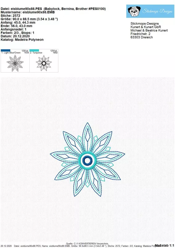 Freebie Stickdatei Eisblume (9x9cm), Foto mit ausgesticktem Exemplar und Übersicht zweier Dateien zur Gesamtausfertigung einer Eisblume.