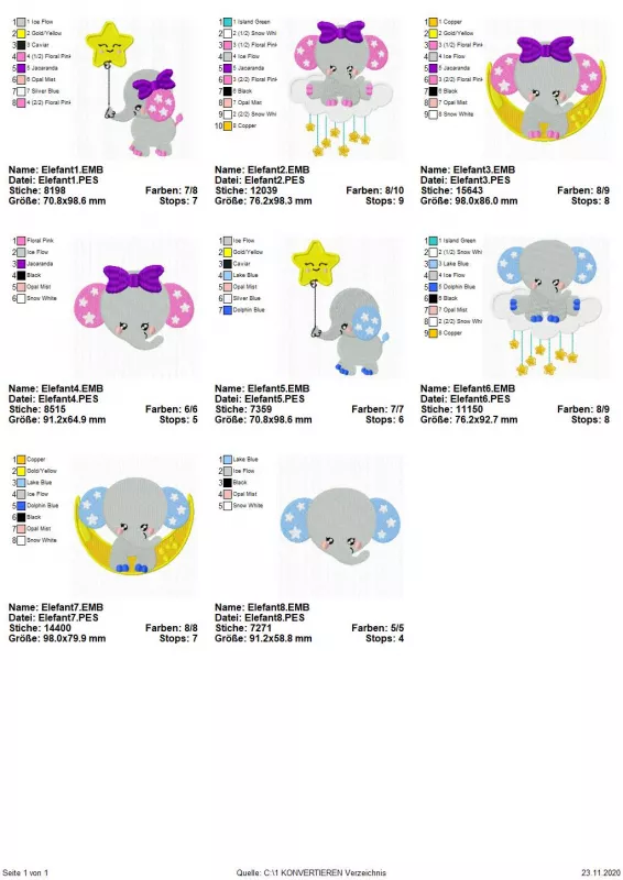 Stickdatei Set Elefanten (Vollstick) - ideal für Geschenke zur Geburt, Übersicht mit 8 diversen Dateien. 2 mal Elefant mit Sternluftballon am Rüssel; 2 mal Elefant auf Sternwolke; 2 mal Elefant auf Mondsichel; 2 mal Elefantenkopf.