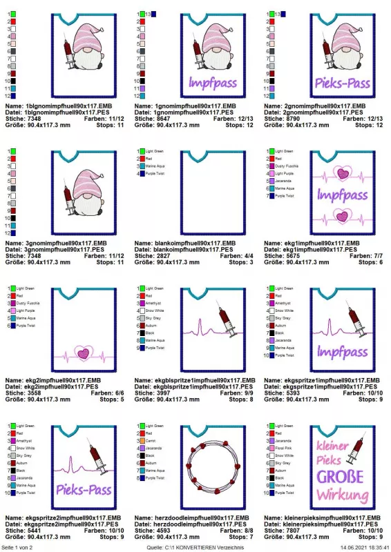 Stickdatei Set ITH Impfpass-Hüllen 24 Designs (13x18), Übersicht mit 12 Dateien. 1 mal Blanko, 11 mal mit Motiv, bzw mit zusätzlich Schriftzug. Motive: Spritze/Herzchenkranz/Spritzengnom/EKG-Herz-Kurve einzeln oder doppelt/EKG-Kurve mit Spritze. Schriftzü