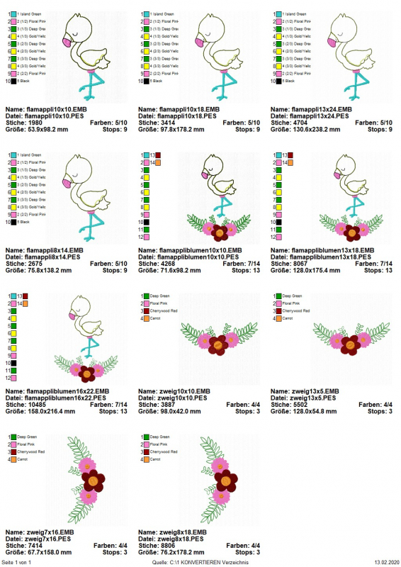 Stickdatei Flamingo Applikation + Blumenzweig, 11 Dateien in der Übersicht. 3 mal Flamingo auf Zweig; 4 mal nur Flamingo; 4 mal nur Zweig. Stickdatei Flamingo Applikation + Blumenzweig, 11 Dateien in der Übersicht. 3 mal Flamingo auf Zweig; 4 mal nur Flamingo; 4 mal nur Zweig.
