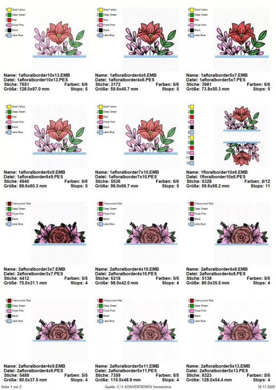 Stickdatei Set Floral Borders (div. Größen), Übersicht mit 12 Dateien mit Aussparung für Schriftzug. Florales Arrangement mit hellroter Blüte: 1 mal komplette Darstellung; 5 mal hälftige Darstellung. Florales Arrangement mit dunkelroter Blüte: 6 mal hälft