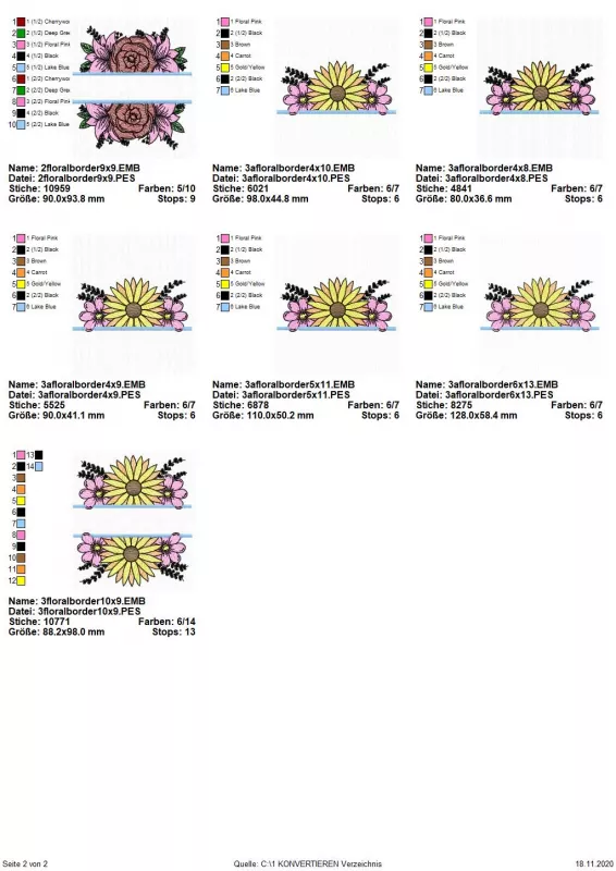 Stickdatei Set Floral Borders (div. Größen), Übersicht mit 7 Dateien mit Aussparung für Schriftzug. Florales Arrangement mit dunkelroter Blüte: 1 mal komplette Darstellung; Arrangement mit Sonnenblume: 1 mal komplette Darstellung, 5 mal hälftig.