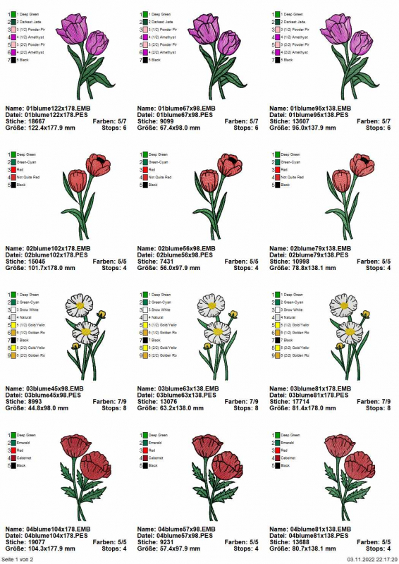 Stickdatei Set 6 Blumen für den 10x10 & 13x18er Rahmen