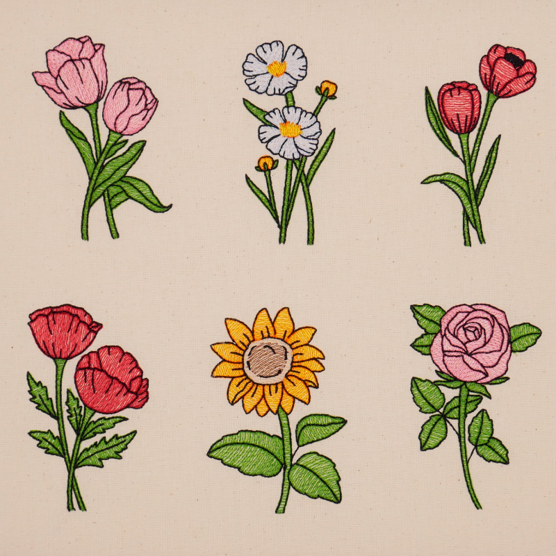 Übersicht gestickt 6 verschiedene Blumen Übersicht gestickt 6 verschiedene Blumen
