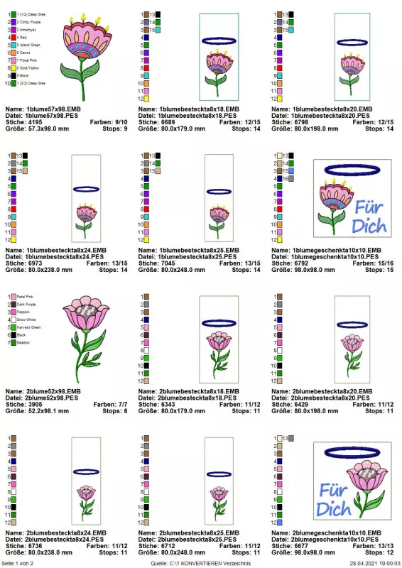 Stickdatei Set ITH Bestecktaschen Folksy Flowers (4 Größen), Übersicht mit 12 Dateien. 10 mal für bestickte Taschen, unterschiedliche Formate/Ausgestaltungen, teils mit Schriftzug. 2 mal diverse Einzelmotive Blume.